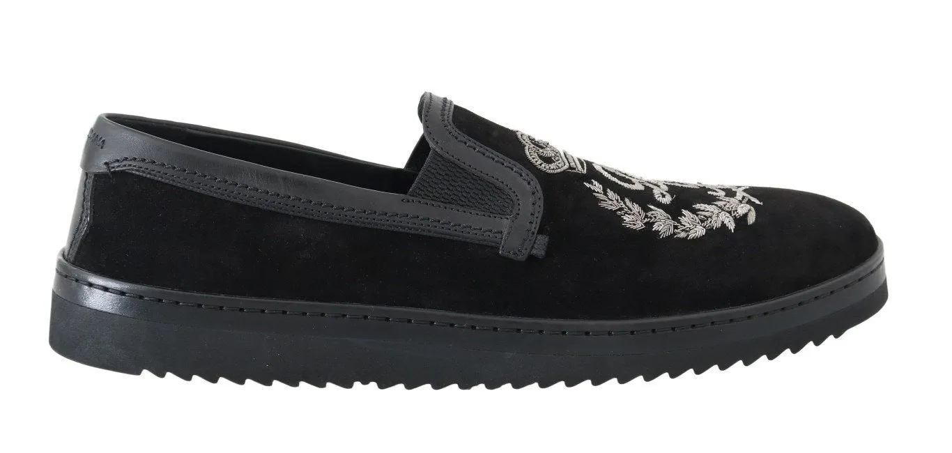 Black Leather Crown Embroidery Loafers