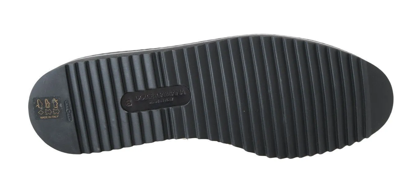 Black Leather Crown Embroidery Loafers