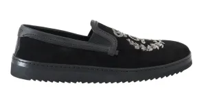 Black Leather Crown Embroidery Loafers