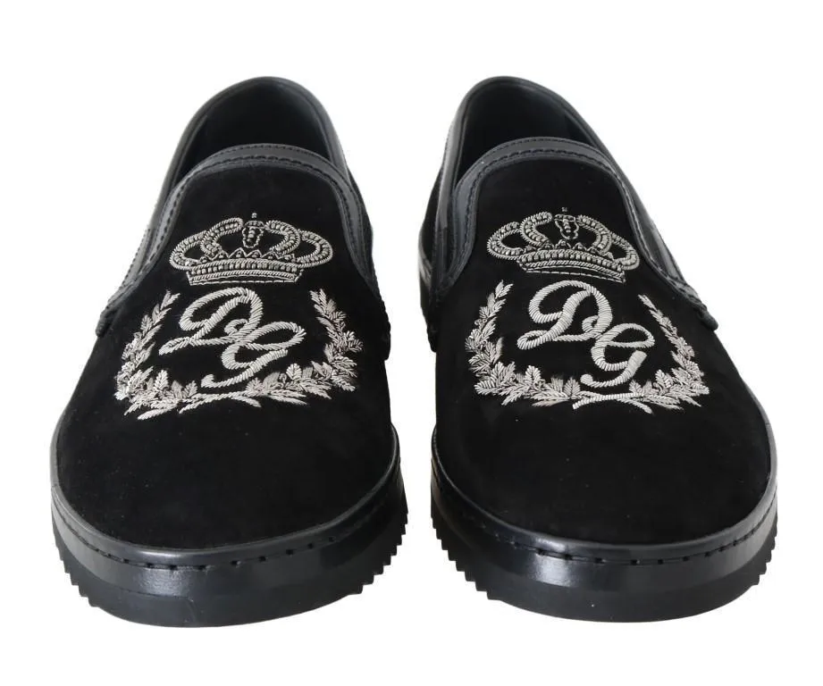 Black Leather Crown Embroidery Loafers