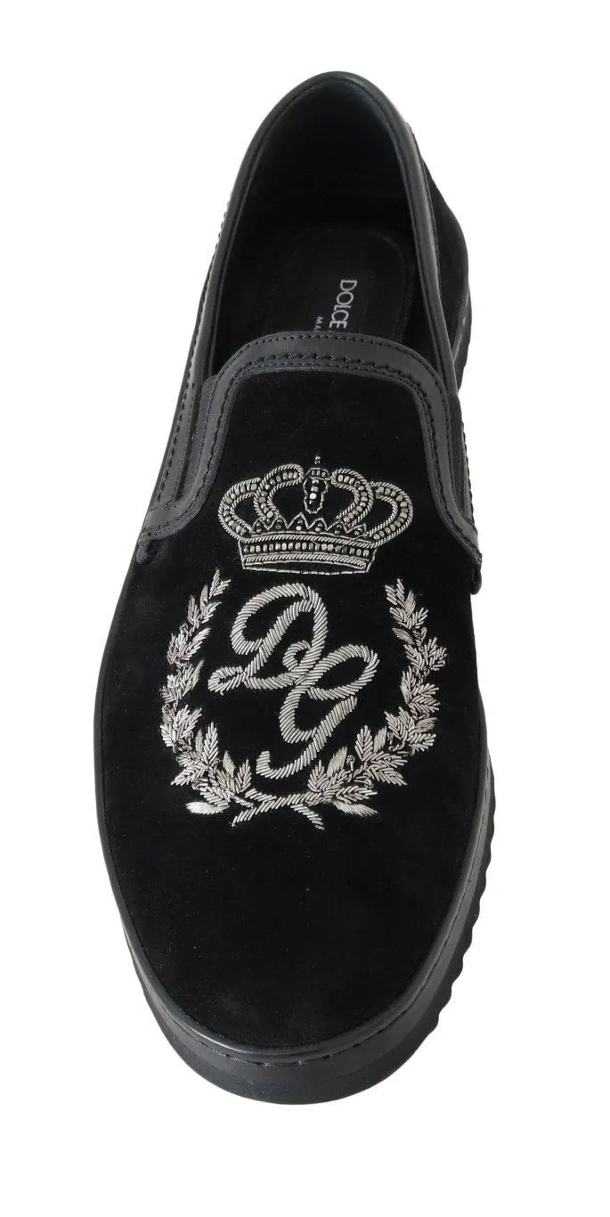 Black Leather Crown Embroidery Loafers