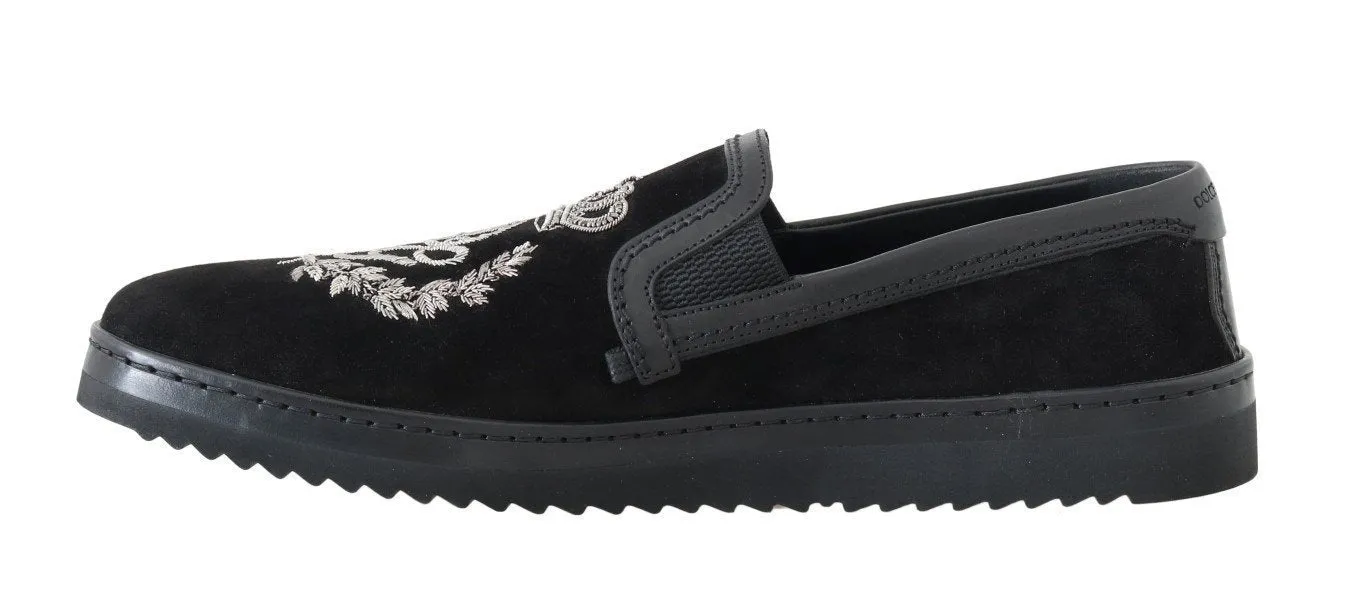 Black Leather Crown Embroidery Loafers