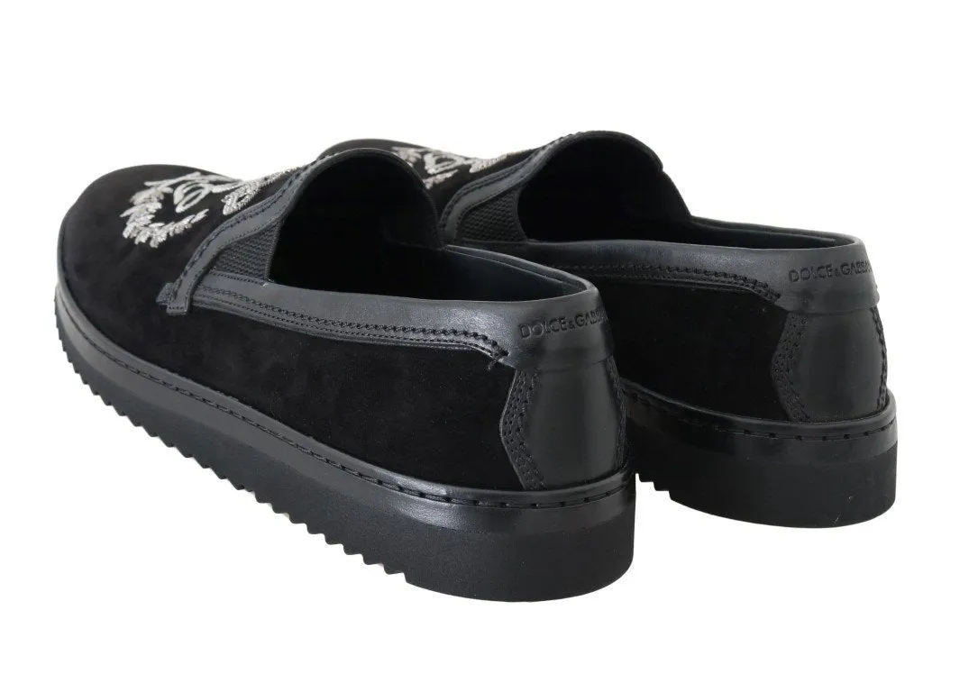 Black Leather Crown Embroidery Loafers