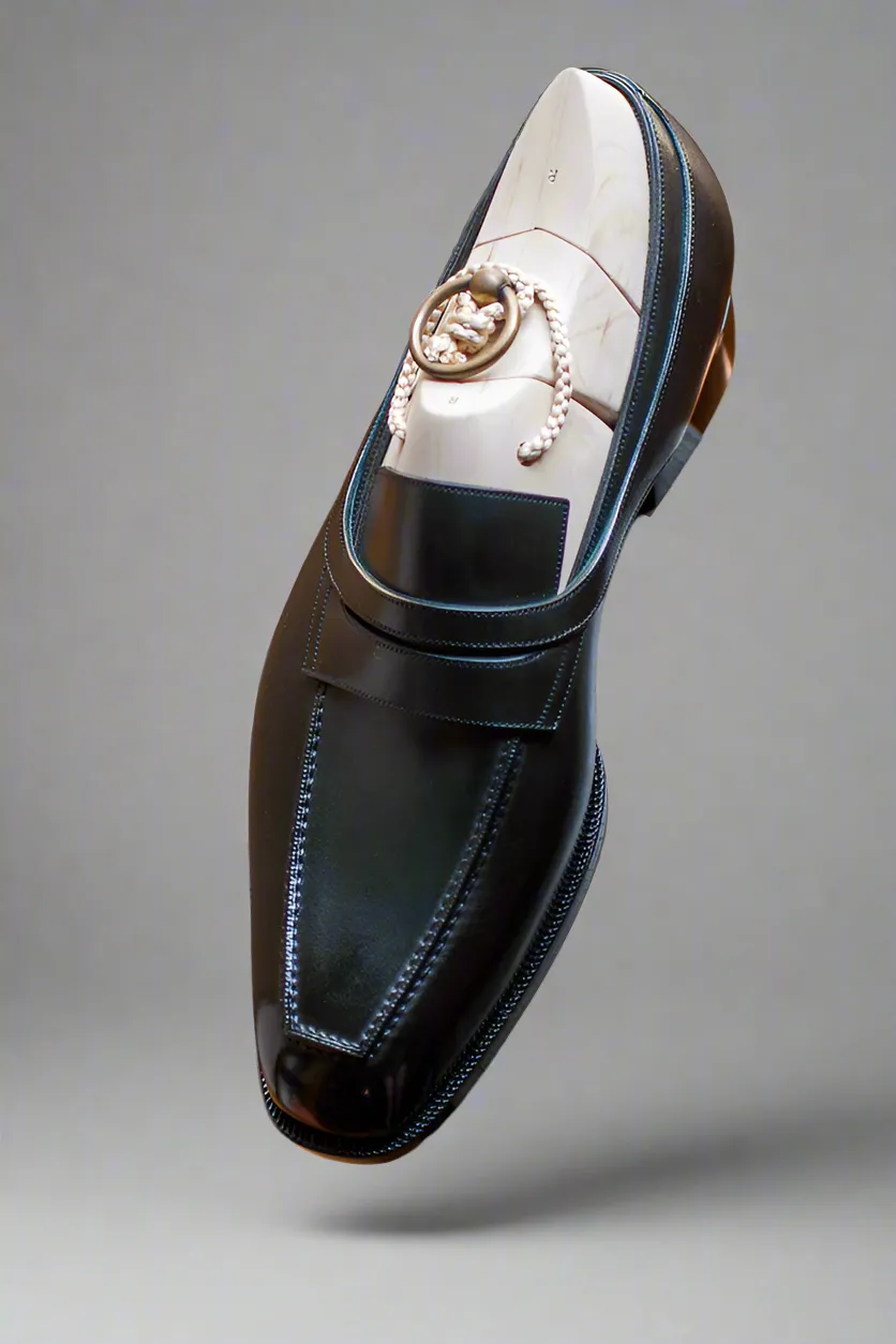 Black Leather Ibiza Slip On Crossed Component Loafers - Loafers