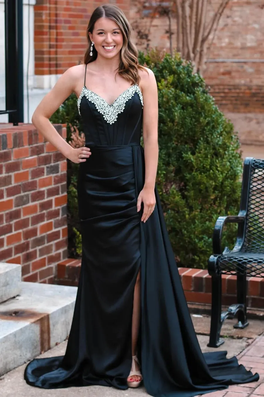 Black Rhinestone V-Neck Long Formal Dress with Attached Train TP1262
