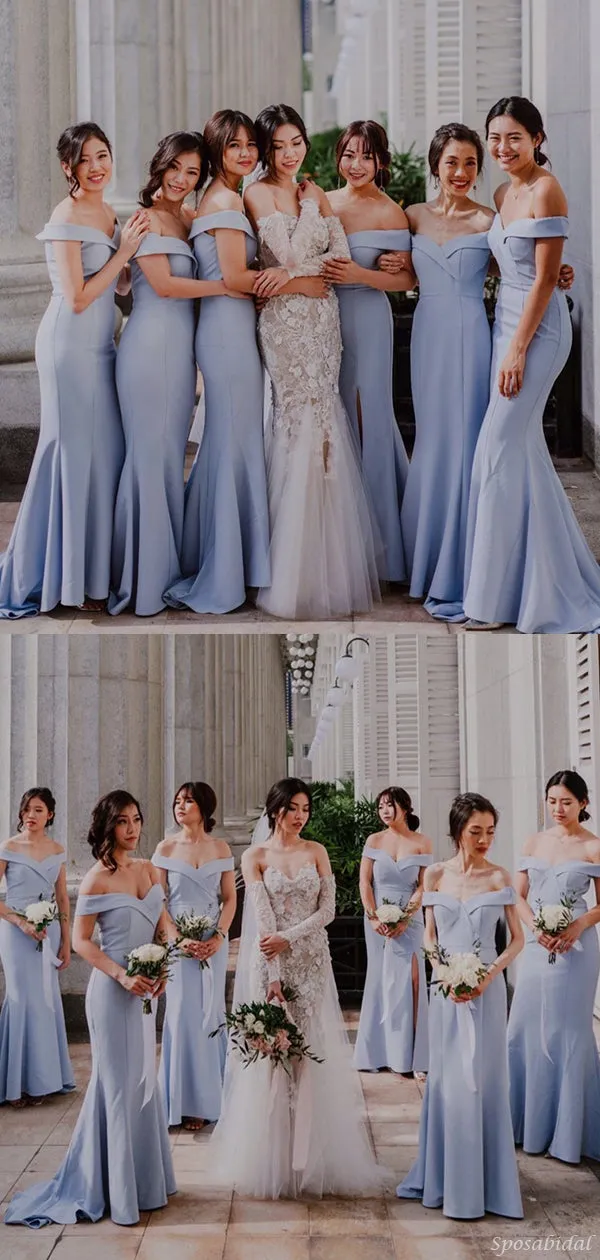 Blue Mermaid Satin Long Elegant Bridesmaid Dresses WG874