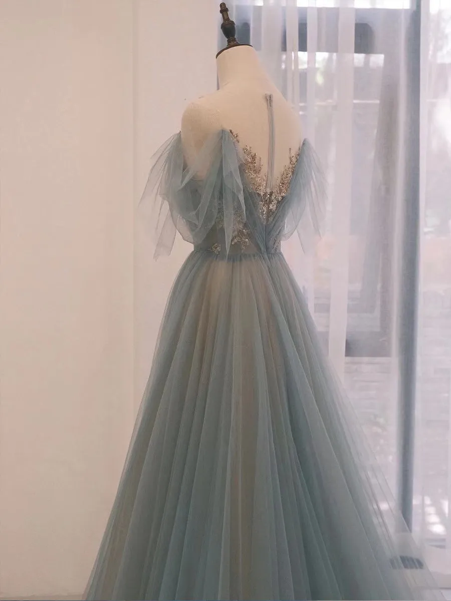 Blue Tulle Sweetheart Off Shoulder Long Party Dress, Elegant Evening Dress