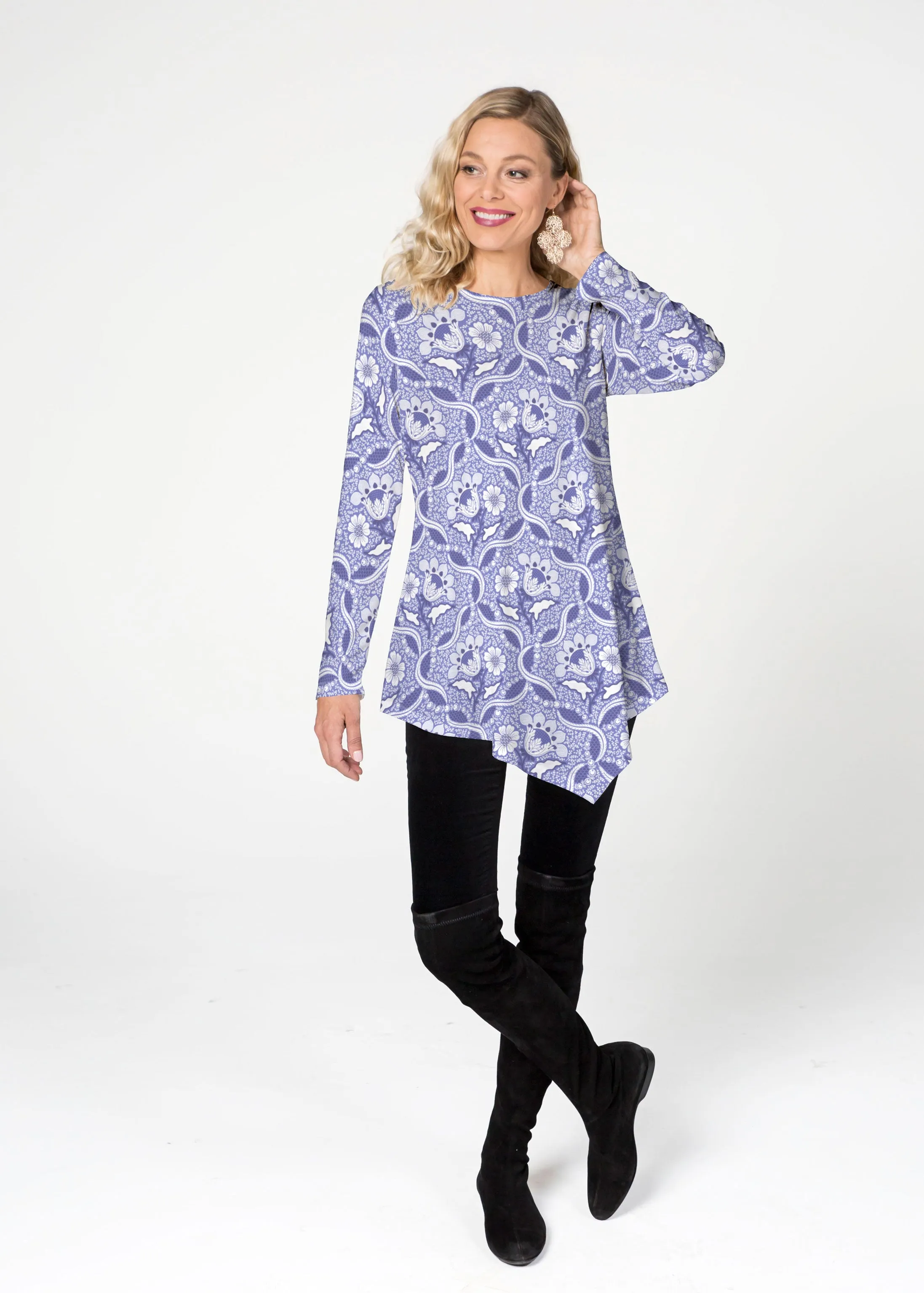 Braided Flower Navy (7917) ~ Asymmetrical French Terry Tunic