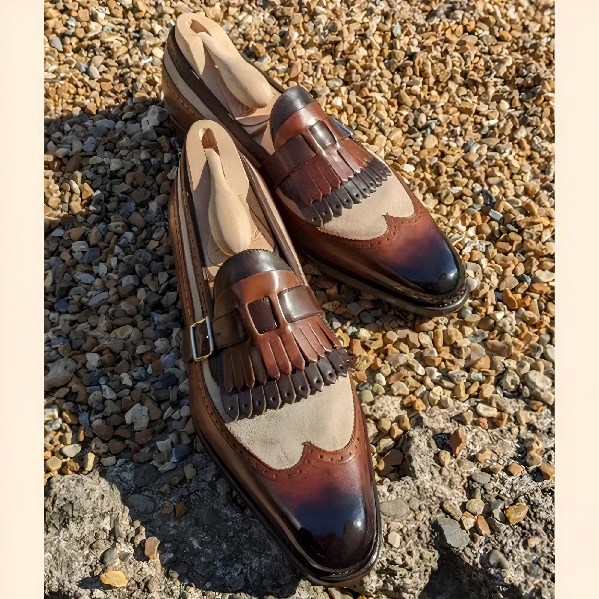 Brown Italian Leather And Beige Libraria Tassel Loafers With Monk Strap - Loafers Shoes