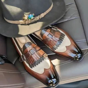 Brown Italian Leather And Beige Libraria Tassel Loafers With Monk Strap - Loafers Shoes