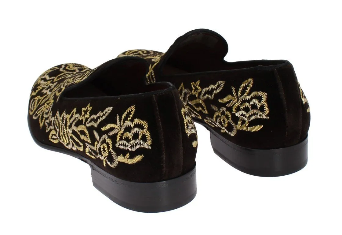 Brown Velvet Gold Embroidery Loafers