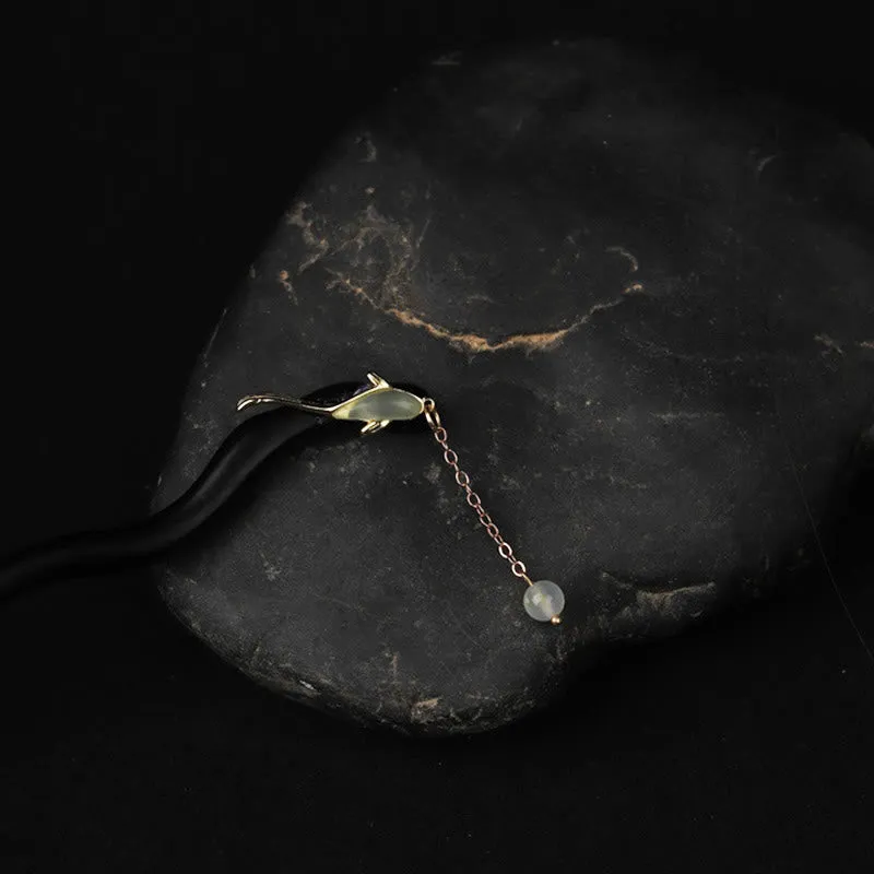 Buddha Stones Ebony Hetian Jade Fish Blessing Hairpin