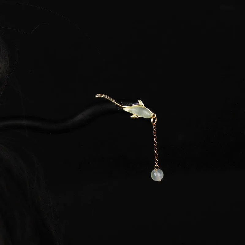 Buddha Stones Ebony Hetian Jade Fish Blessing Hairpin