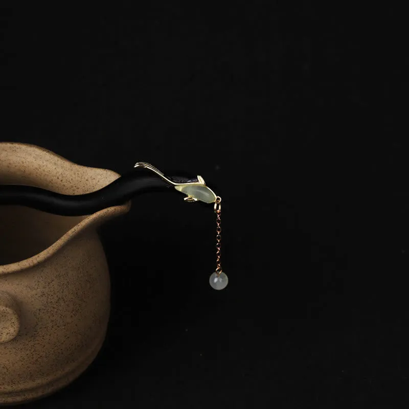 Buddha Stones Ebony Hetian Jade Fish Blessing Hairpin