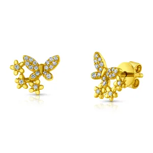 BUTTERFLY & FLOWER DIAMOND STUDS, 14kt Gold