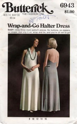 Butterick 6943 Womens Evening Halter Wrap Dress 1970s Vintage Sewing Pattern Size 14 Bust 36 inches UNCUT Factory Folded