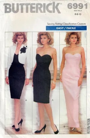 Butterick 6991 Womens Strapless Prom Formal Sheath Dress & Bolero 1980s Vintage Sewing Pattern Size 6 - 10