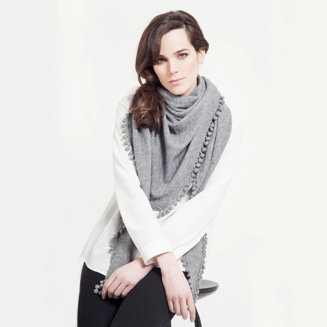Cashmere Pom Pom Triangle Wrap in Pebble