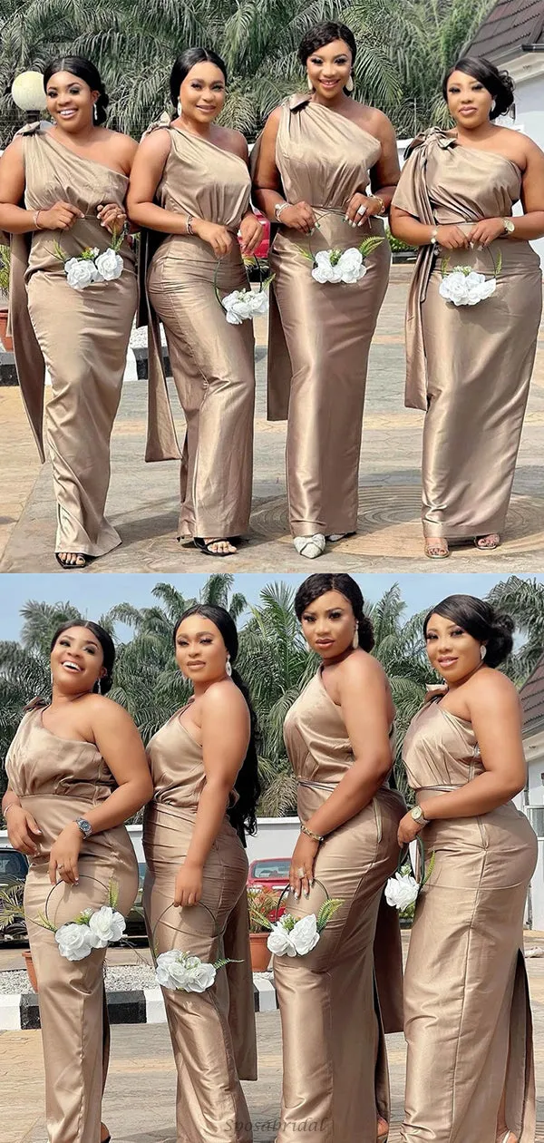 Champagne One-shoulder Elegant Mermaid Long Bridesmaid Dress, BD3261