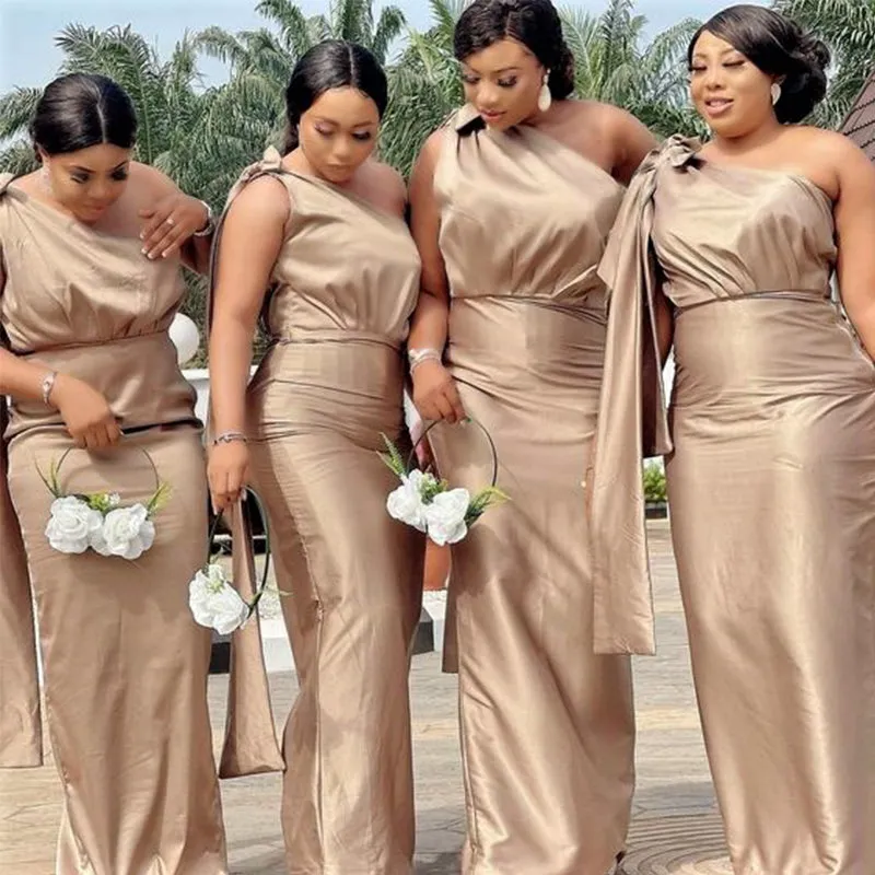Champagne One-shoulder Elegant Mermaid Long Bridesmaid Dress, BD3261