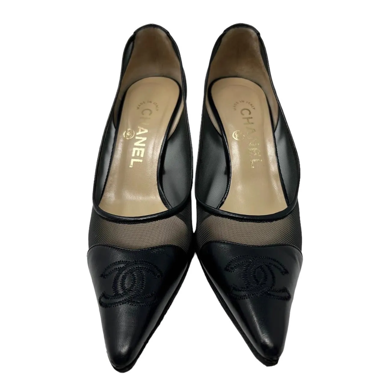Chanel Black Logo Mesh Heels