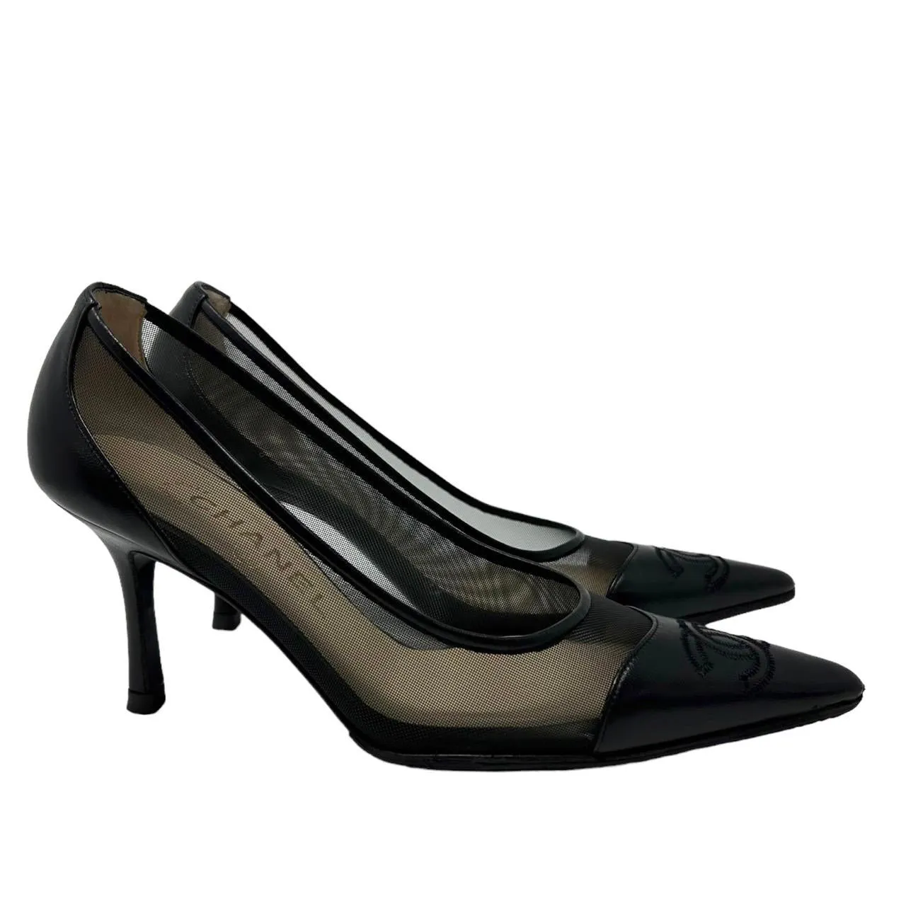 Chanel Black Logo Mesh Heels