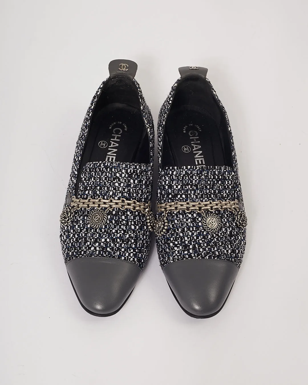 Chanel Blue Tweed CC Detail Chain Loafers - 39
