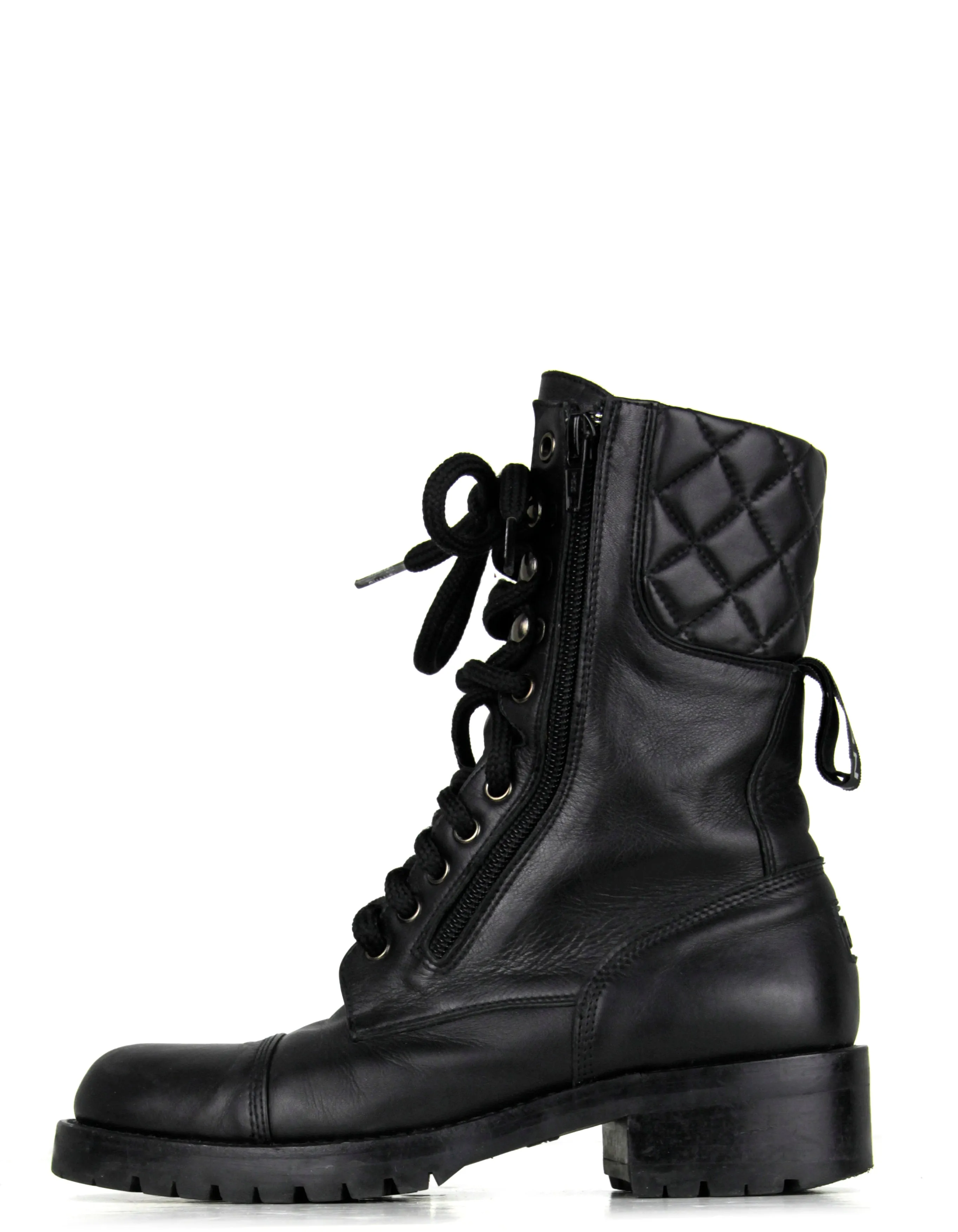 Chanel Vintage Black Leather CC Combat Boots sz 36