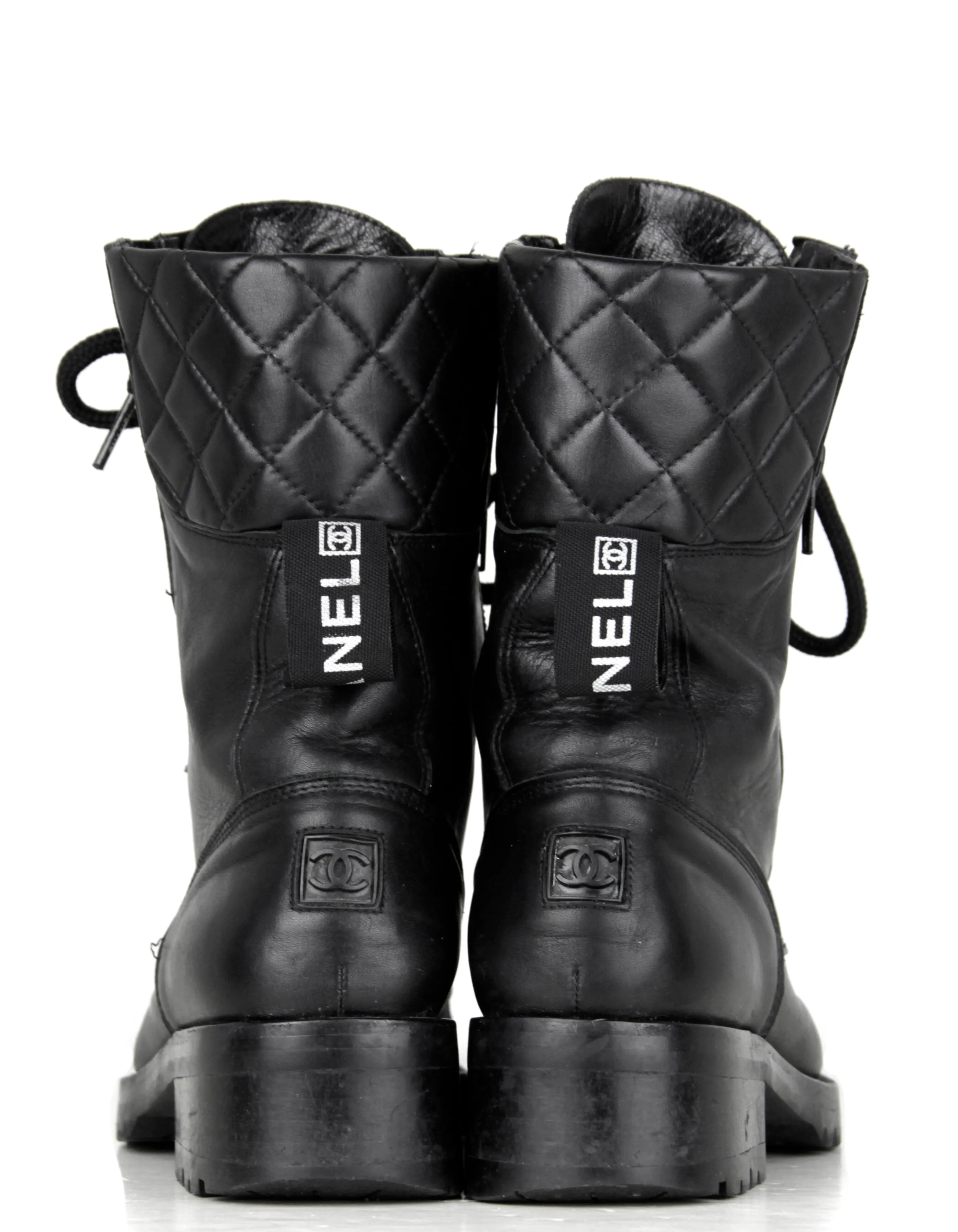 Chanel Vintage Black Leather CC Combat Boots sz 36