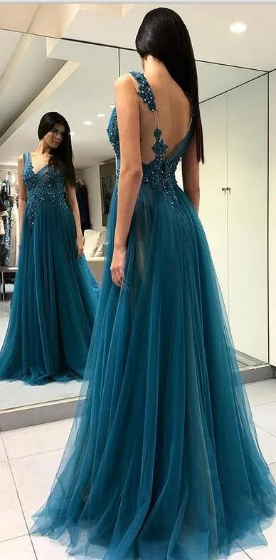 Charming A-line V-Neck Tulle Elegant Side Split Long Prom Dresses , PD0859