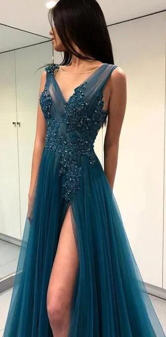 Charming A-line V-Neck Tulle Elegant Side Split Long Prom Dresses , PD0859