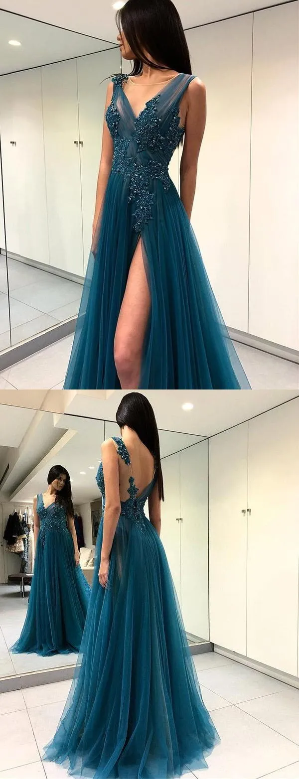 Charming A-line V-Neck Tulle Elegant Side Split Long Prom Dresses , PD0859