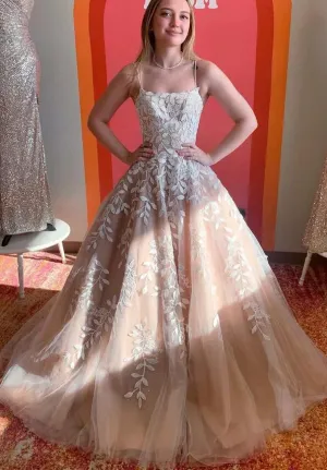 Cheap Long Leaf Lace Prom Formal Dress Ball Gown Straps