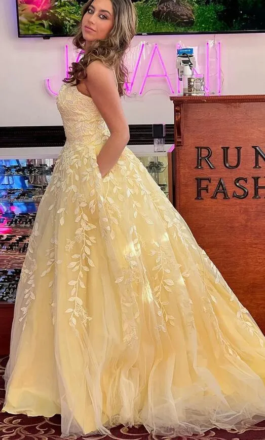 Cheap Long Leaf Lace Prom Formal Dress Ball Gown Straps