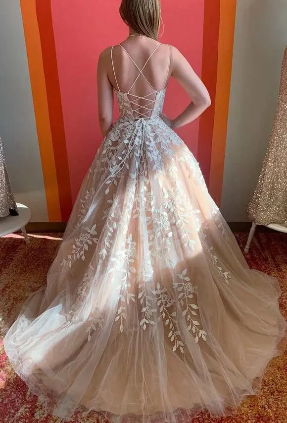 Cheap Long Leaf Lace Prom Formal Dress Ball Gown Straps