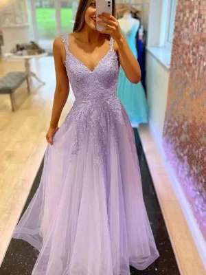 Cheap V Neck Lilac Lace Formal Dresses A Line Purple Long Prom Dresses