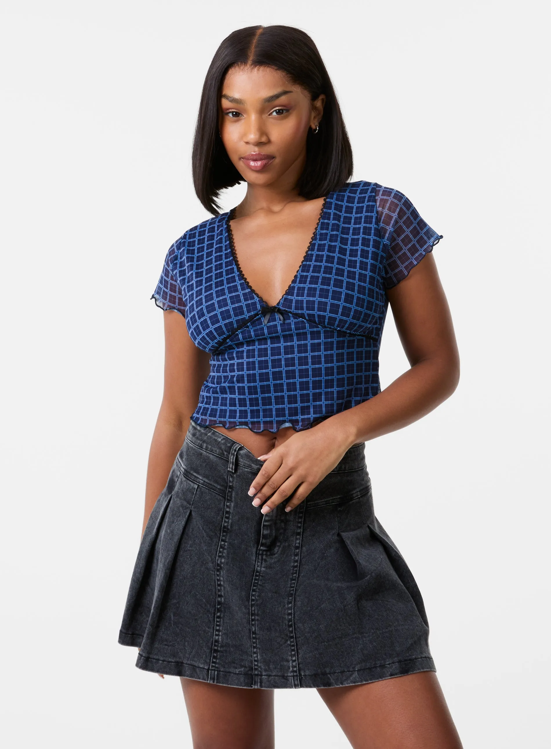 Check Cap Sleeve Crop Top