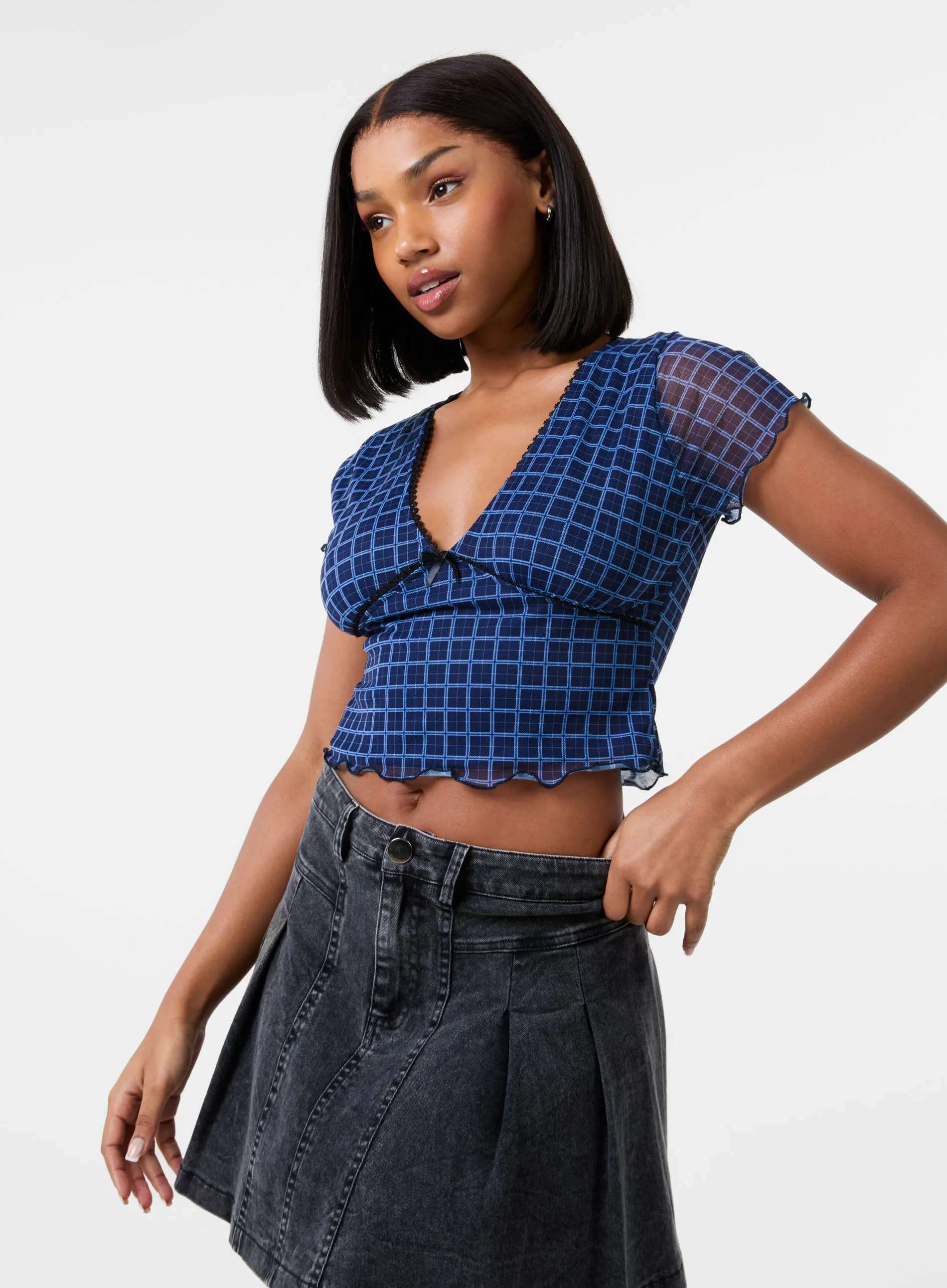 Check Cap Sleeve Crop Top