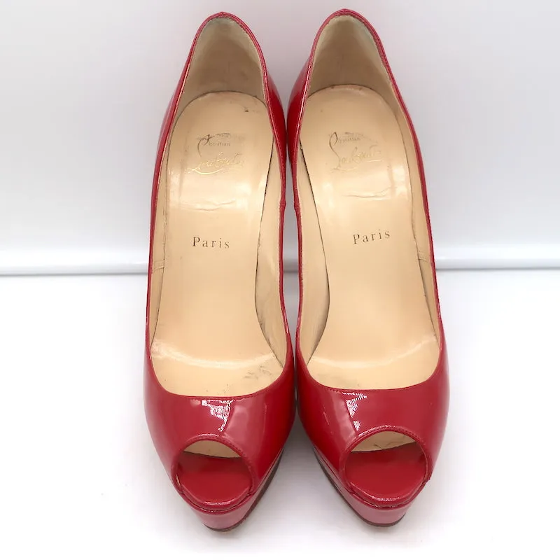 Christian Louboutin Lady Peep Platform Pumps Red Patent Leather Size 38