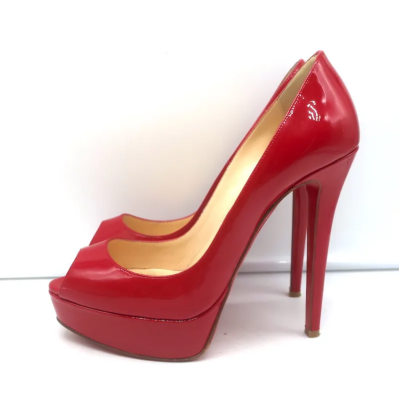 Christian Louboutin Lady Peep Platform Pumps Red Patent Leather Size 38