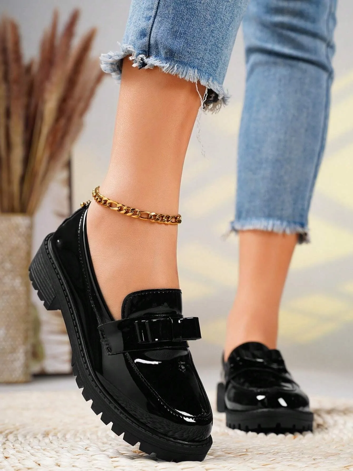 Chunky Heel & High Leather Loafers With Bow Tie Design Pumps