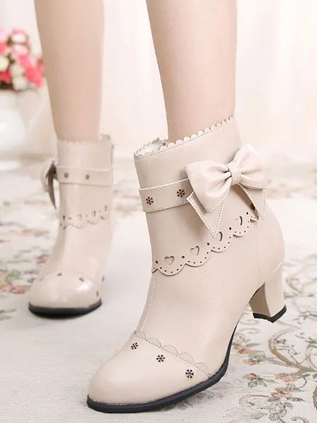 Classic Lolita Boots Bow Cut Out Chunky Heel Lolita Shoes