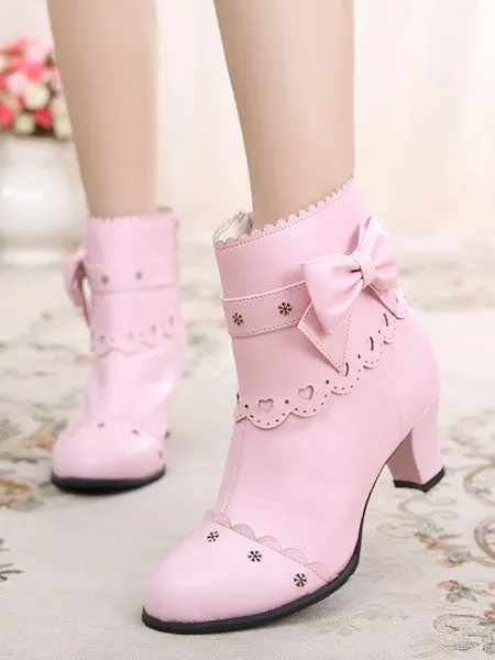 Classic Lolita Boots Bow Cut Out Chunky Heel Lolita Shoes