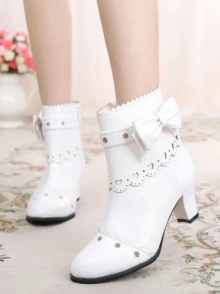 Classic Lolita Boots Bow Cut Out Chunky Heel Lolita Shoes