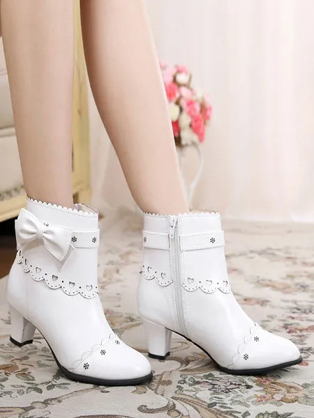 Classic Lolita Boots Bow Cut Out Chunky Heel Lolita Shoes