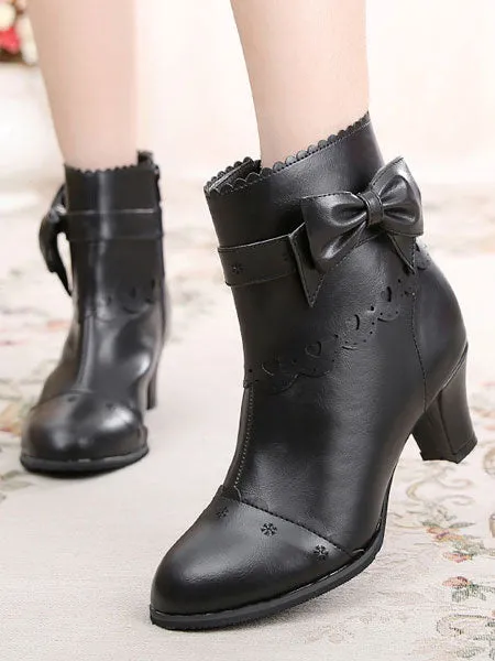 Classic Lolita Boots Bow Cut Out Chunky Heel Lolita Shoes