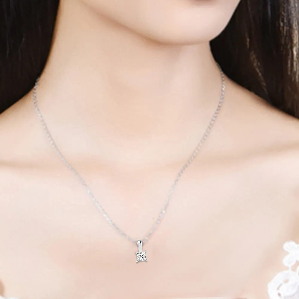 Classic Princess Solitaire Diamond Pendant Necklace 18k Gold