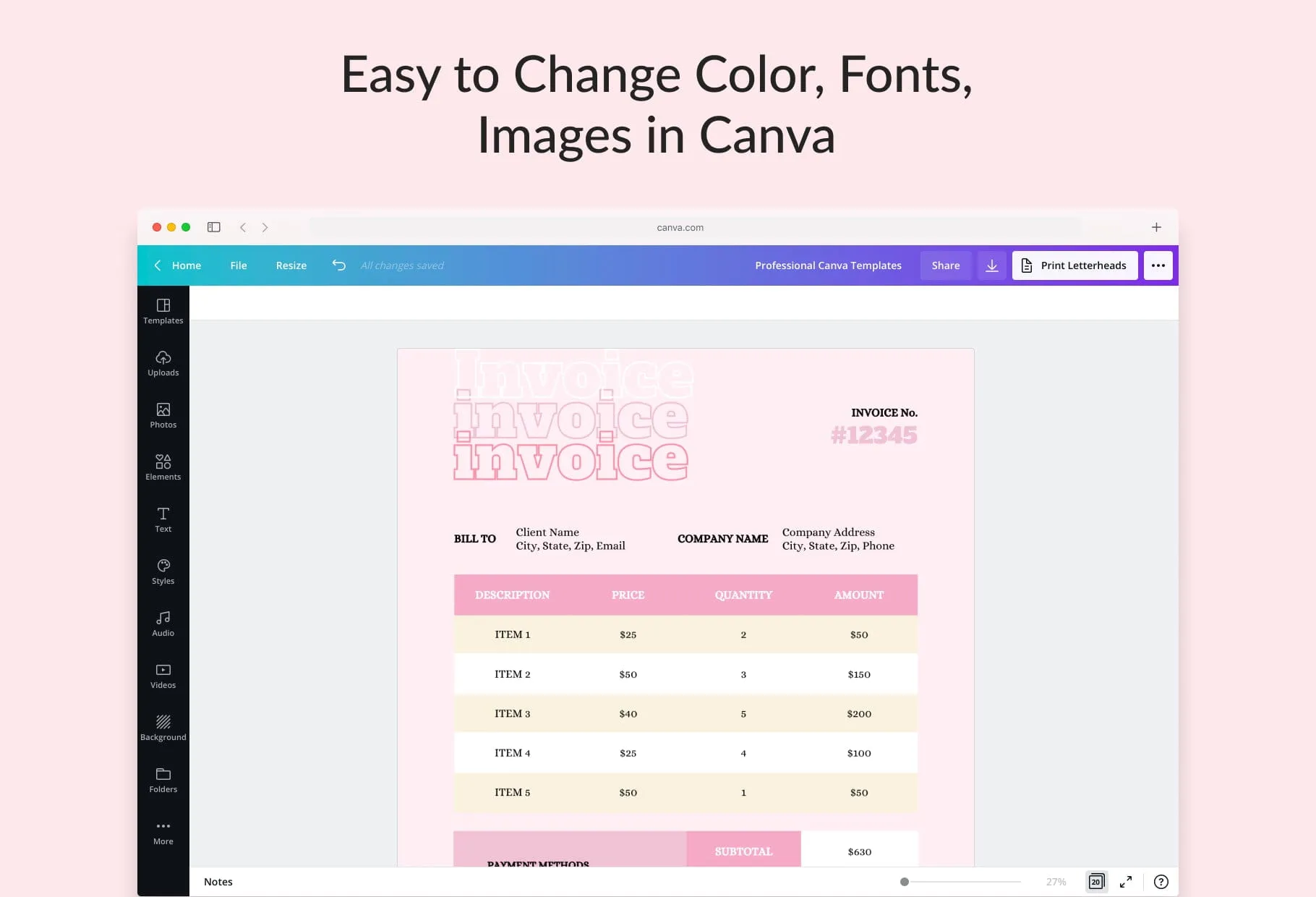Classic Rose Invoice Canva Template Printable and Editable
