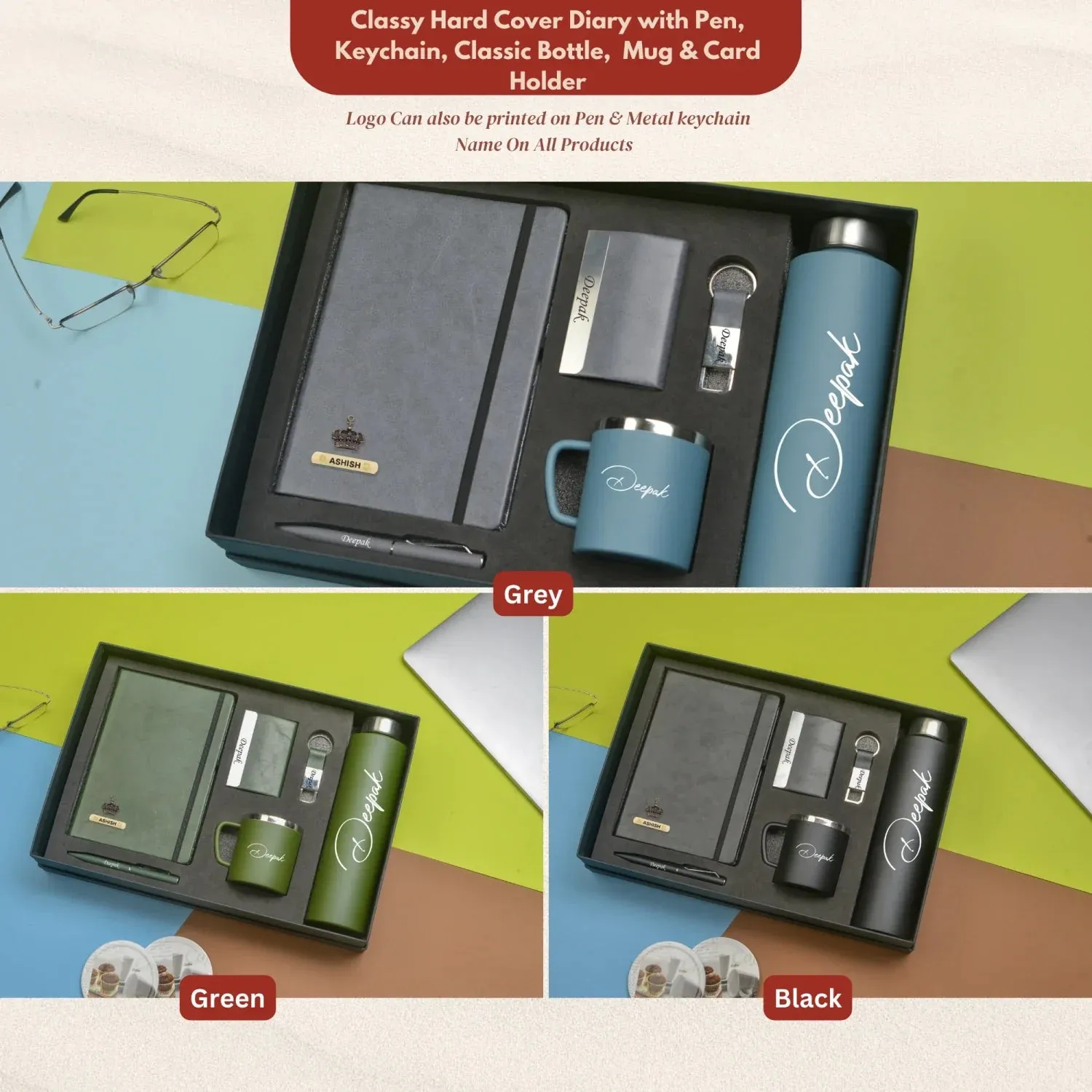 Classy Hardcover Diary   Classic Metal Pen   Classy Leather Metal Keychain   Classy Card Holder   Classic Smart Bottle    Stainless Steel Mug - Green