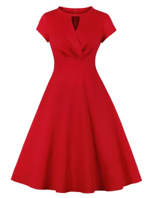 Crewneck Cut Out Solid Color 1950S Vintage Dress